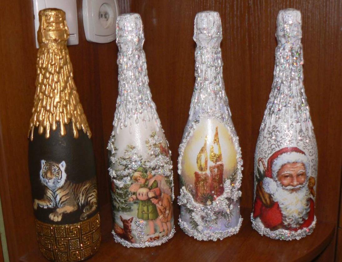 новогодние бутылки шампанского декупажные