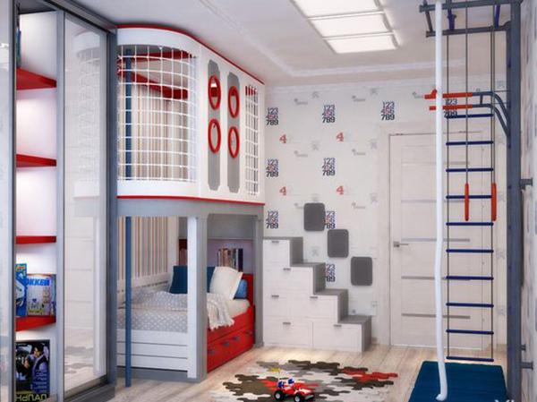 двухуровневая кровать дизайн детской для двух мальчиков разного возраста