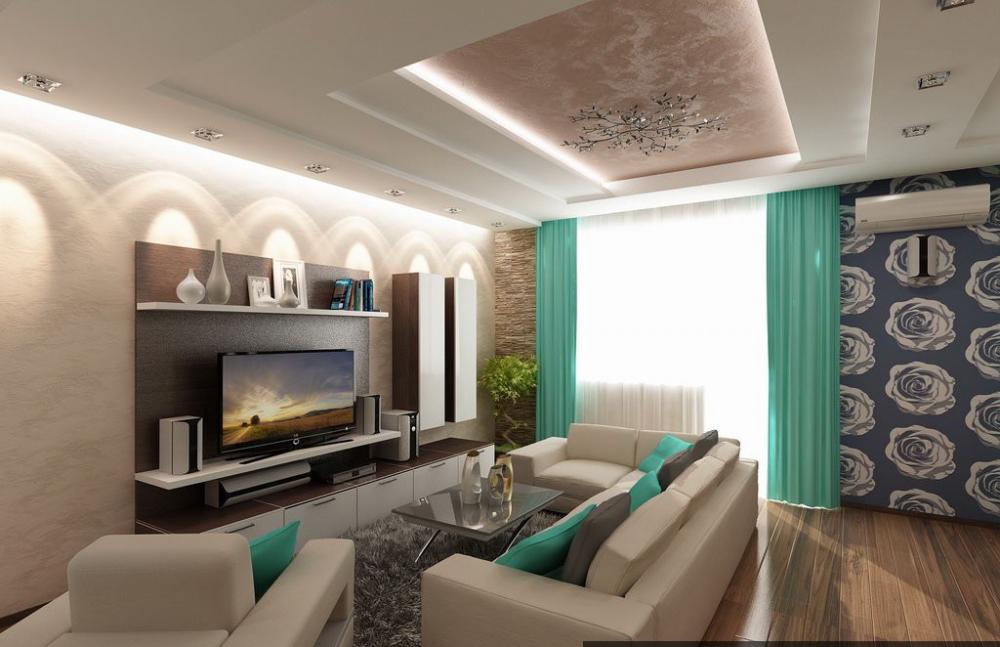 интерьер прямоугольной гостиной