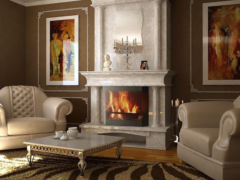 дизайн гостиной в доме с камином